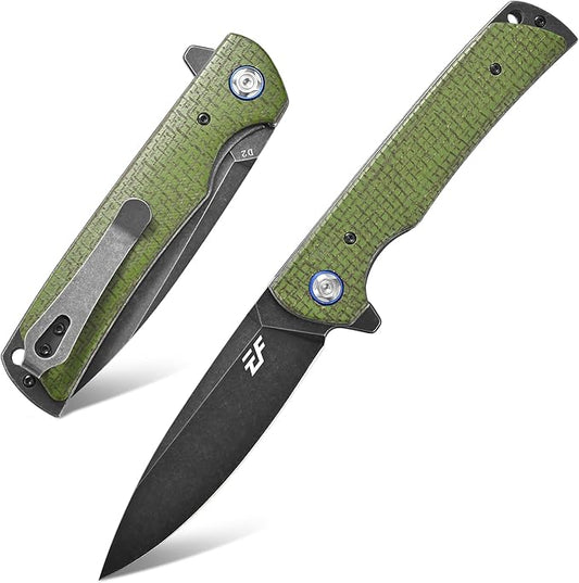 Eafengrow EF973 Folding Knife, D2 Steel Blade Micarta Handle Scale Pocket Knife Folder for Working Camping Hiking EDC Tool Knife（army green