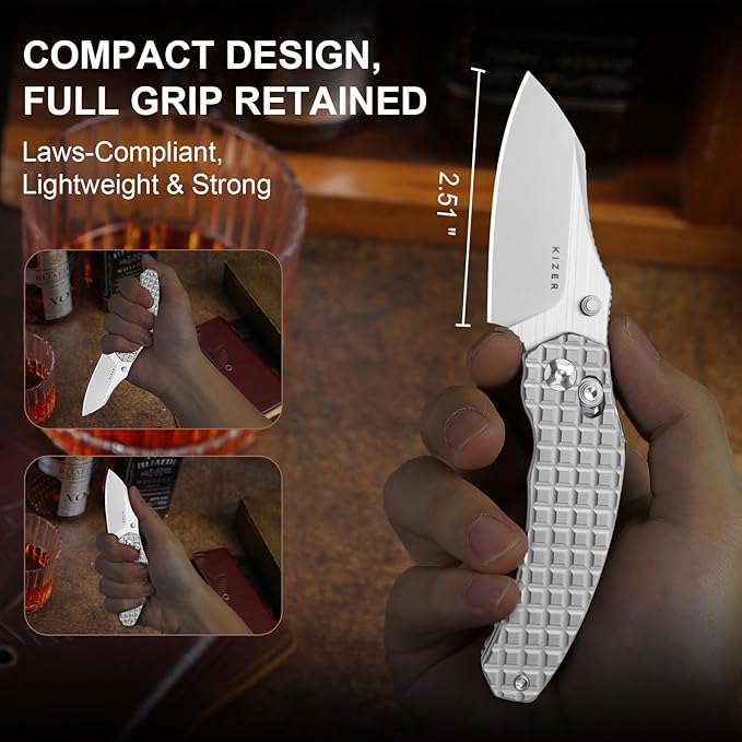 Kizer Mini Bulldog Pocket Knife, 2.5??S45VN Sheepsfoot Blade Folding Knife, Titanium Handle Clutch Lock Small EDC Knife for Men Women Gift, Camping Hunting Knives Ki3672SA2