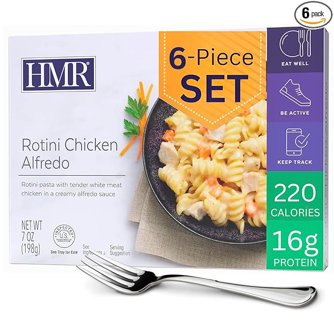 HMR Rotini Chicken Alfredo Entrée | Pre-packaged Lunch or Dinner to Support Healthy Eating | Ready to Eat | 16g of Protein | Low Calorie Food | 7oz Serving per Meal | Pack of 6