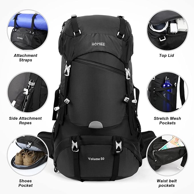 HOMIEE 50L Hiking Backpack Travel Bag Waterproof Camping Rucksack with Rain Cover Lightweight Backpacking Backpack