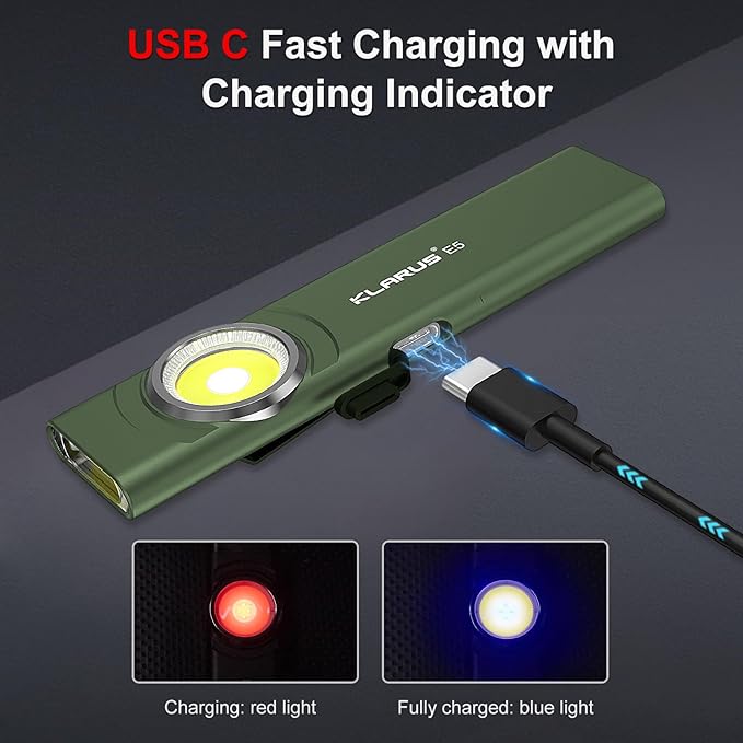 klarus E5 Pocket Flashlight, Rechargeable EDC Flashlight, Super Slim 4.2x1x0.3inch, 600 Lumens, USB-C Port, IPX4, Dual Light Source with Magnetic Base, Hat & Clothes Clip
