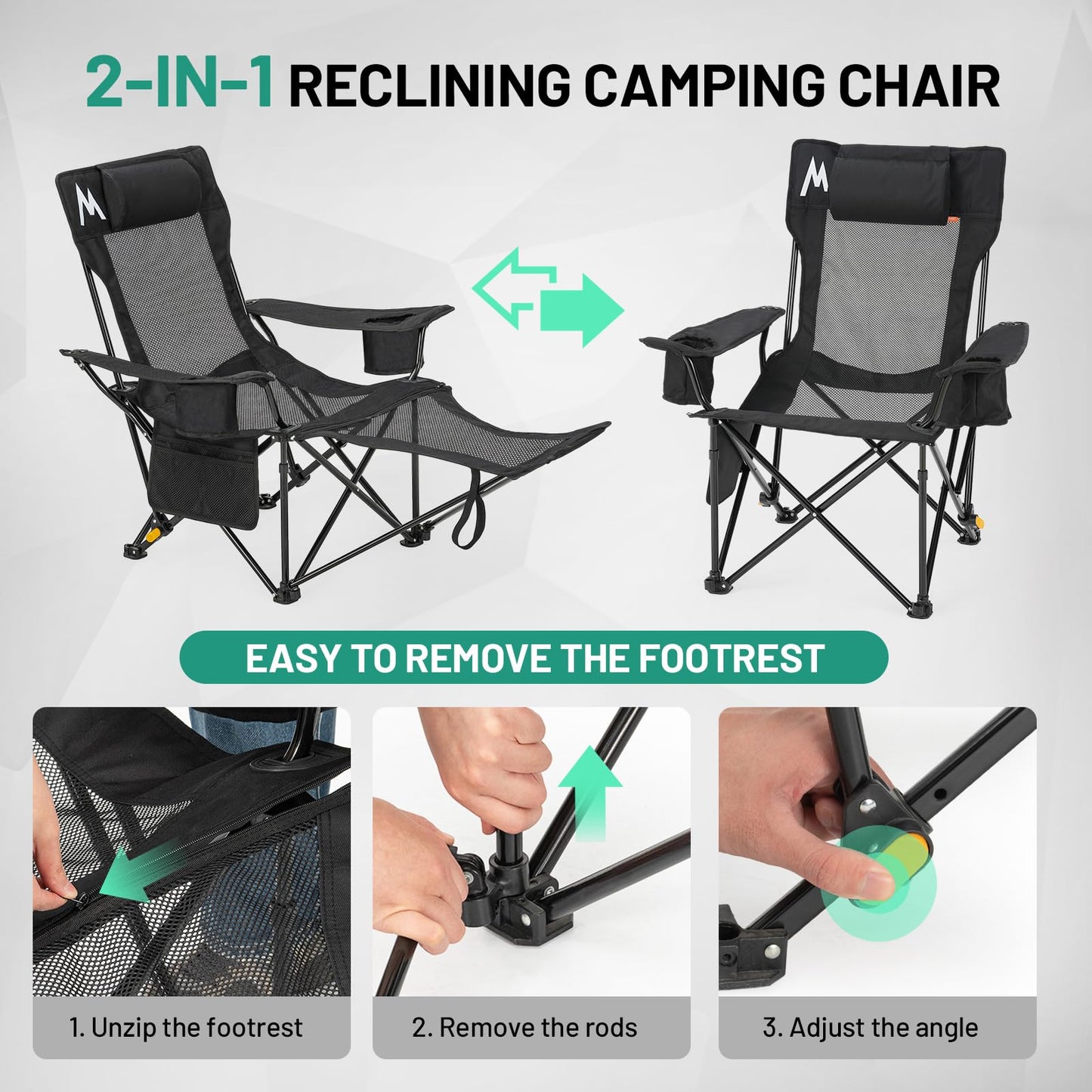 Overmont Reclining Camping Chair with Footrest - 4-Position Adjustable Backrest Lightweight Folding