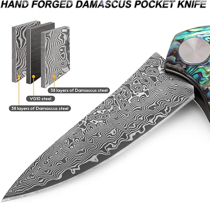 Benkey Damascus Pocket Knife with Clip Leather Sheath Sharp VG10 Core Folding Knife, EDC with Liner Lock Unique Abalone Seashells Handle for Outdoor Survival Camping Collection