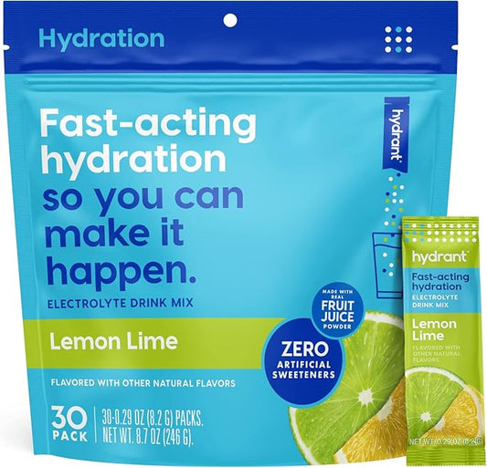 HYDRANT - Hydrate Electrolyte Powder, Lemon Lime Flavor, 30 Rapid Hydration Individual Stick Packs - Low Sugar Drink Mix for Daily Use, Travel & Workouts