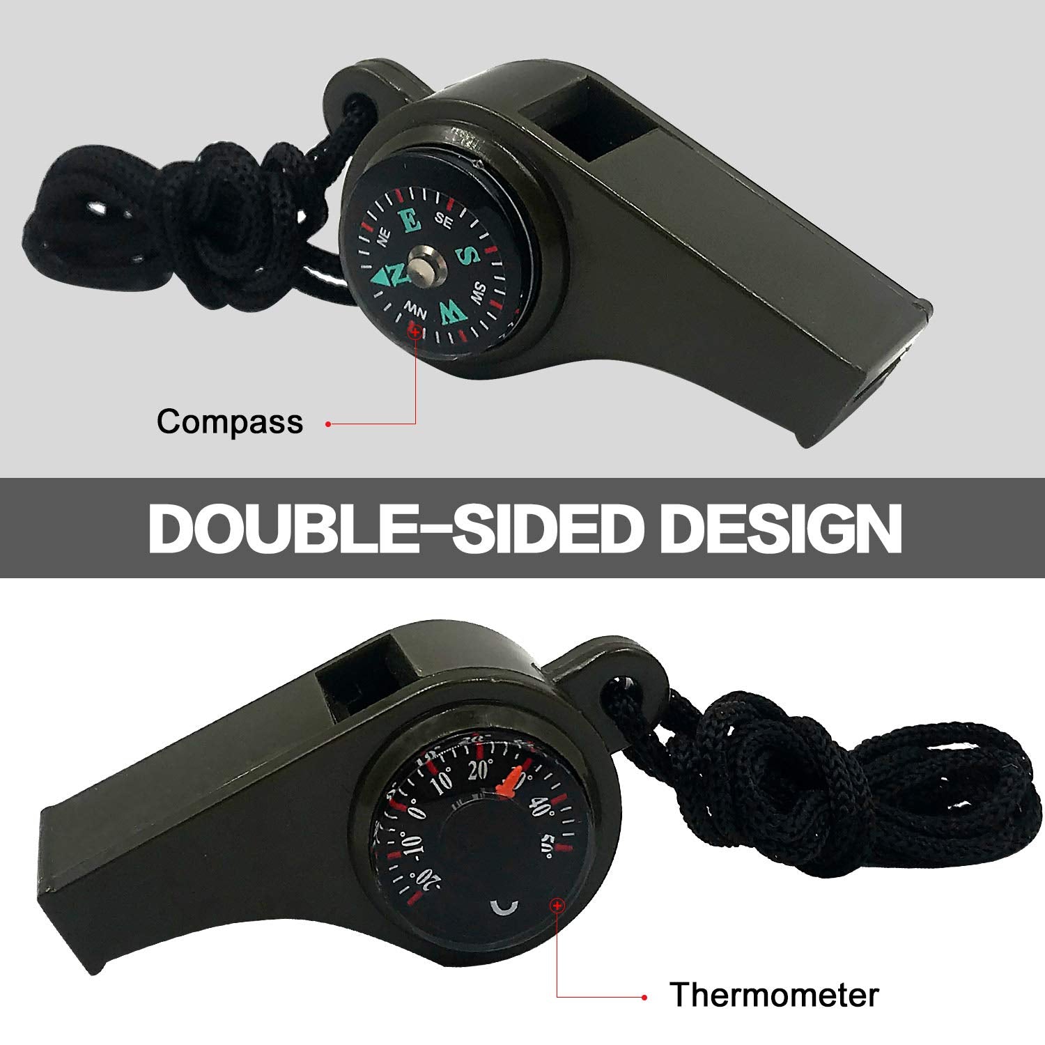 MeiNvShe 2 Pack Emergency Survival Whistle, 3-in-1 Emergency Whistles with Compass and Thermometer