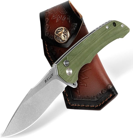 Folding Pocket Knife with Leather Sheath, 3.47" N690Co Premium Steel Blade G10 Handle Knives, EDC Small Folding Knife for Men Women, Outdoor Survival Camping Hiking Knife (Green)
