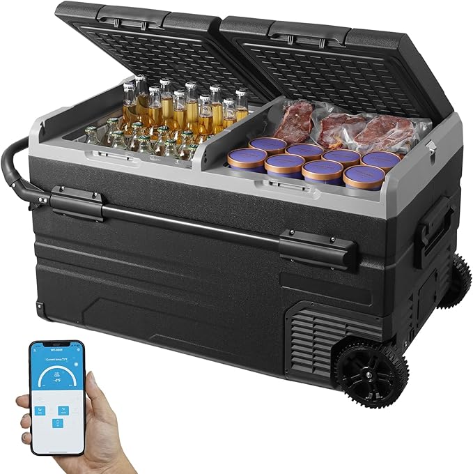 VEVOR Car Refrigerator, 12 Volt Car Refrigerator Fridge, 121.4QT Dual Zone Portable Freezer with Wheels and Handle, -4℉-68℉, 12/24V DC and 100-240V AC Compressor Cooler for Outdoor, Camping