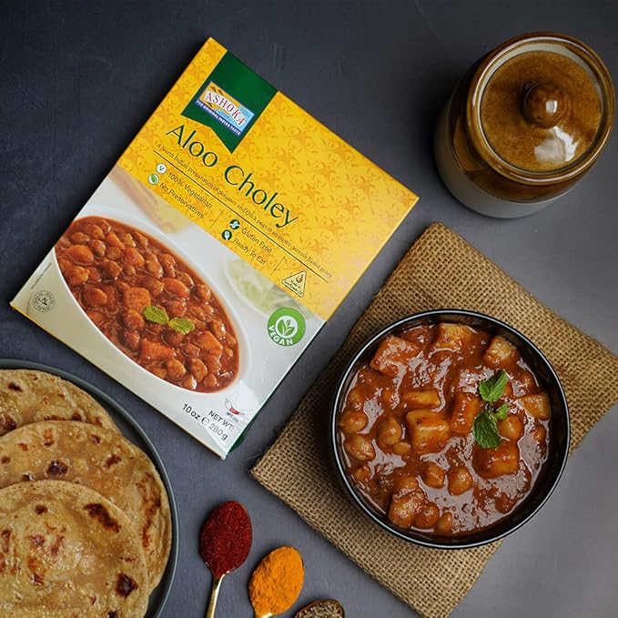 Ashoka Microwavable Meals 1932, Vegan Chickpeas & Potatoes, All-Natural, Kosher Certified, Heat & Serve Meals, Aloo Choley, Real Indian Cuisine, Gluten-Free & with No Preservatives, Pack of 5