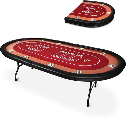 10 Players Oval Poker Table with Padded Rails, Folding Casino-Style Texas Wood Grain Game Poker Tables with Cup Holder, Red Felt Surface, Fully Assemble