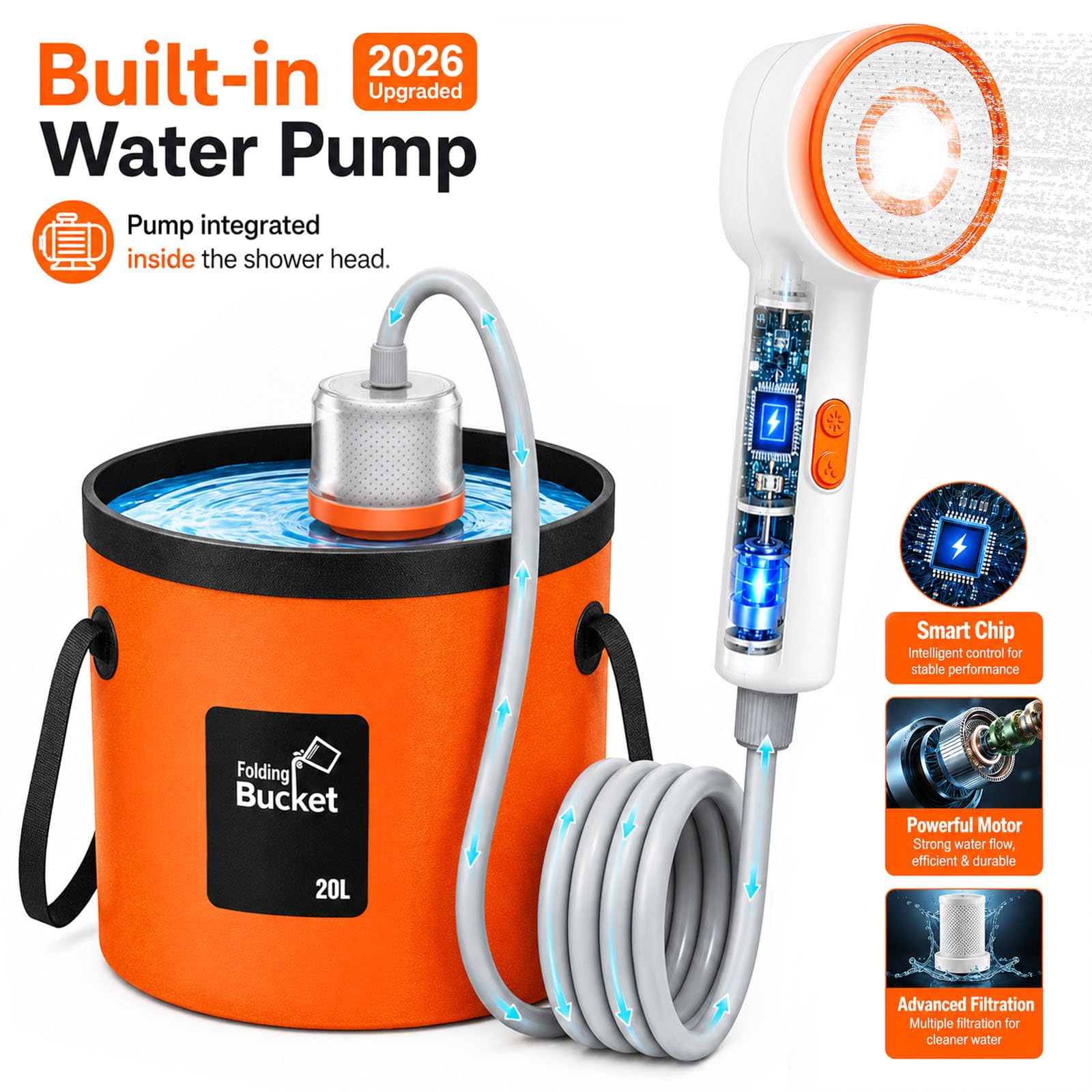 Portable Shower for Camping, Rechargeable Shower Head with LED Light, Camp Shower Pump with Filter