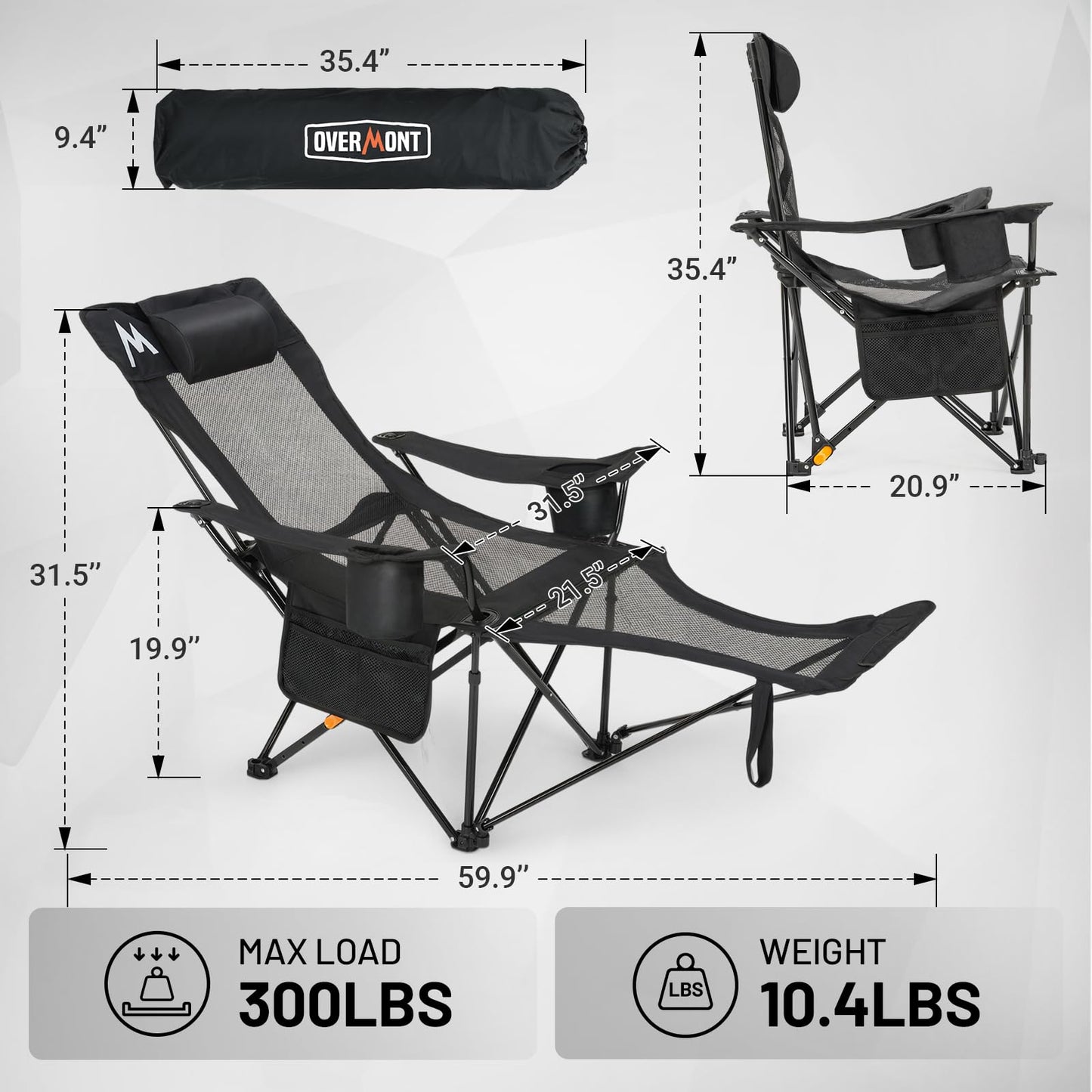 Overmont Reclining Camping Chair with Footrest - 4-Position Adjustable Backrest Lightweight Folding
