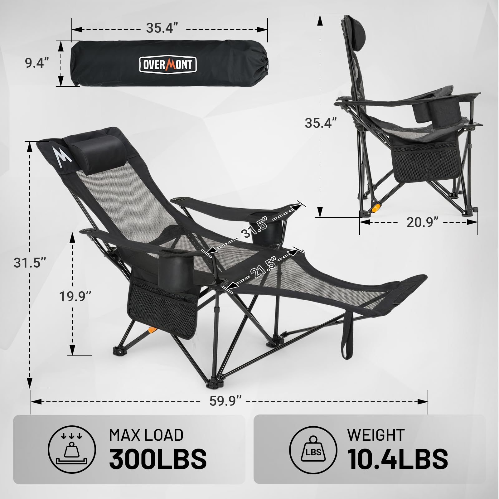 Overmont Reclining Camping Chair with Footrest - 4-Position Adjustable Backrest Lightweight Folding