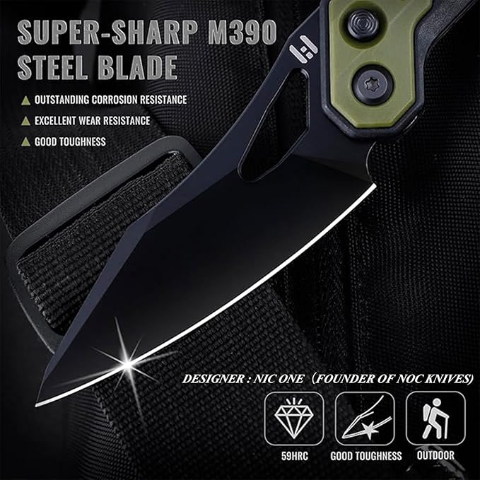 Hightron Spectron Pocket Knife, 3.05" M390 Blade and Nylon Fiber Handle, Folding Tactical Knife for Men Women Everyday Carry Clip-On Pocket Knives for Camping Hunting Green&Black