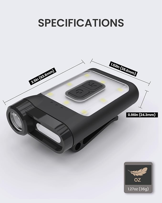 Claymore Capon 65A+ Black Ultra-Light Clip-On Cap Light ??USB-C Rechargeable 230LM LED Compact Headlamp | 3 Modes IP54 Water-Resistant Up to 19 Hrs Runtime for Camping, Running, Outdoor