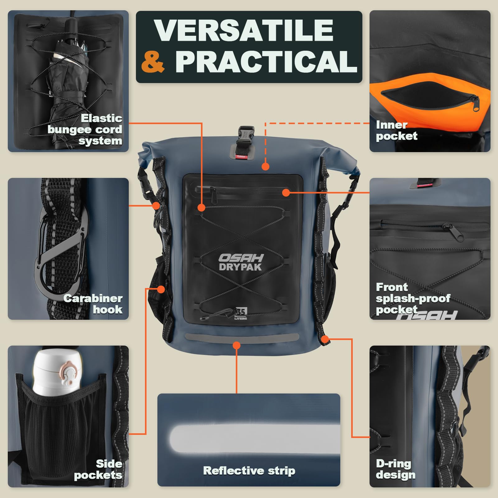 OSAH DRYPAK Waterproof Backpack Dry Bag 25L/35L/55L/85L – Heavy Duty Roll-Top Hiking Backpack Sack