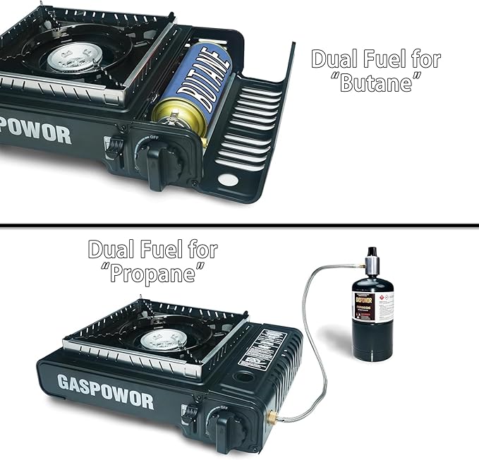 Propane or Butane Stove with Windblocker, Dual Fuel 10,000 BTU Propane Stove for Camping, Automatic Ignition,Gas Portable Stove with Adapter Hose Carrying Case & Griddle for Hiking (Fuel Not Included)