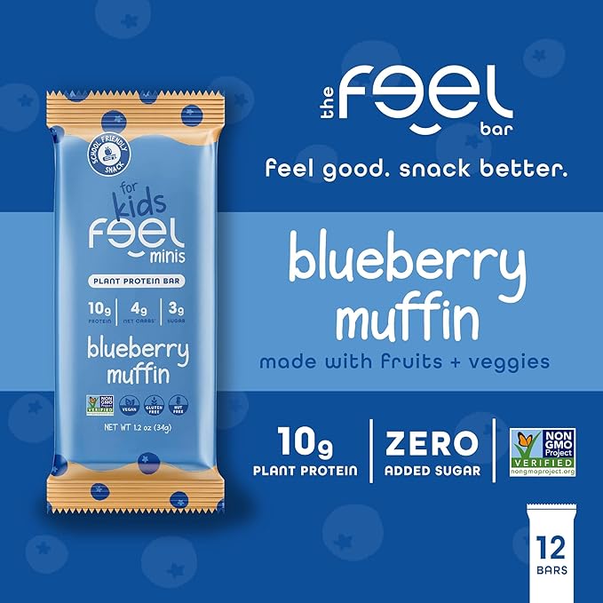Feel Bar Minis ??Kids Protein Bars | Blueberry Muffin | 10g Plant Protein | 100 Calories | No Added Sugar | + Daily Veggies | Gluten Free, No Nuts, No Soy, No Dairy, No Grains (12 Pack)