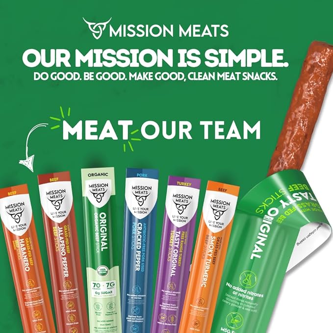 Mission Meats Beef Sticks – 100% Grass Fed & Pasture Raised, Sugar Free, Individually Wrapped Healthy Snacks, Whole 30 & Paleo Friendly, Original 1oz (Pack of 12)
