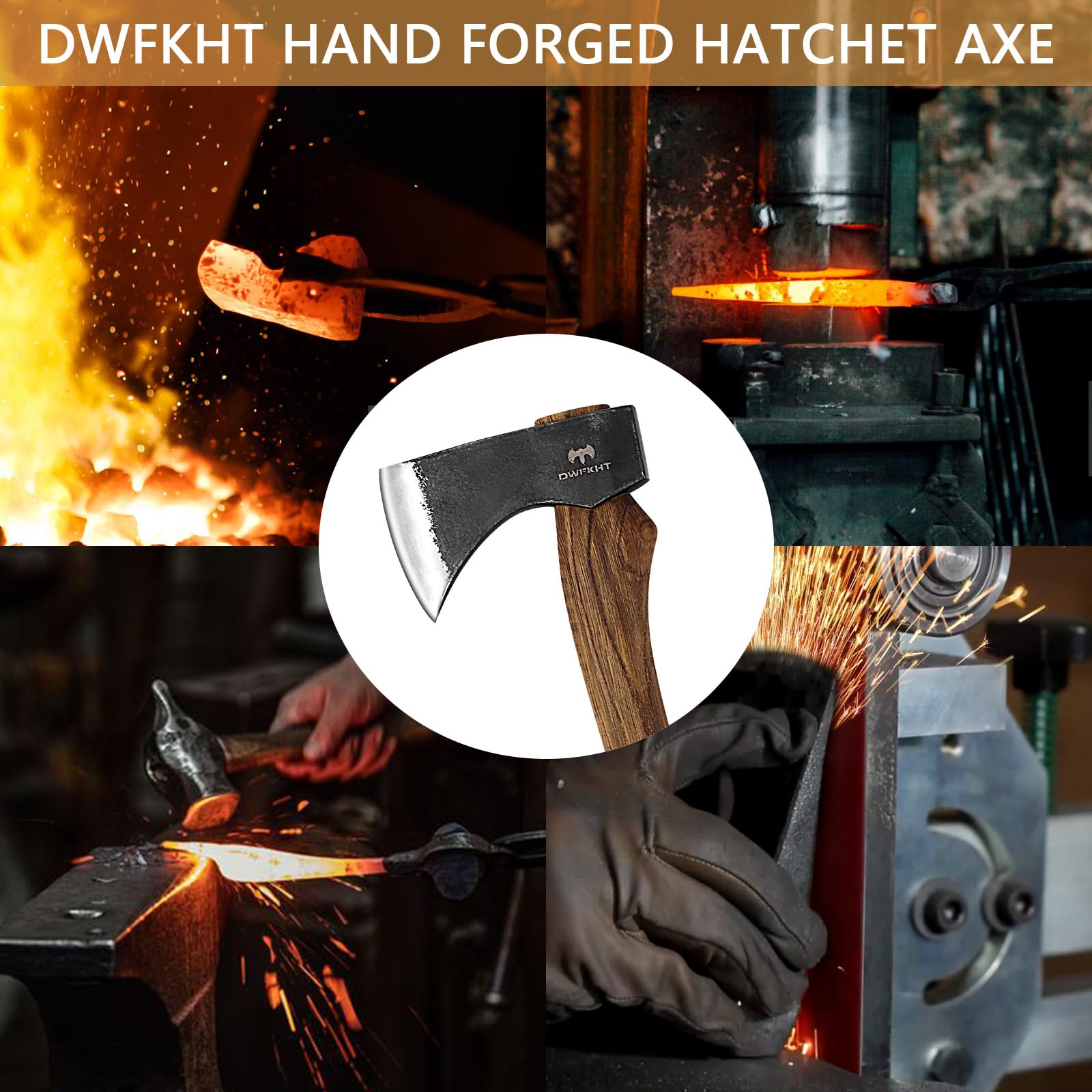 DWFKHT 15.7" Hatchet, Camping Hatchet, Hand-Forged Axe with Sheath for Wood Chopping, Splitting