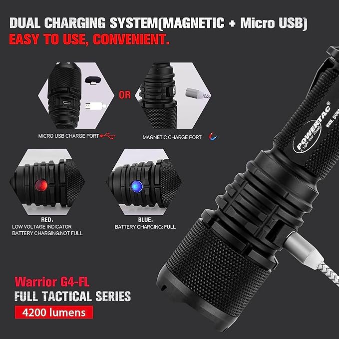 Powertac Warrior G4-FL 4200 Lumen (Wide Beam) Tactical Handheld Flashlight High Lumen, Waterproof, USB Rechargeable Flashlight and Dual-Charging Magnetic Police Duty LED Flashlight