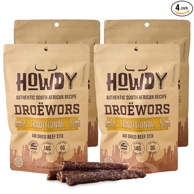 Howdysnax Handcraft Authentic Small Batch Droëwors Beef Sticks Sugar Free, Soy Free, Paleo & Keto Friendly Snack (Four 8oz Packs)