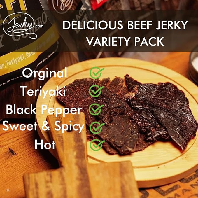 Jerky.com Beef Jerky Sampler Pack – 5 Flavors (Original, Black Pepper, Teriyaki, Sweet & Spicy, Hot) – Premium Meat Snack, No MSG, High-Protein Gift for Men (5 Flavors - 1 oz. bags)