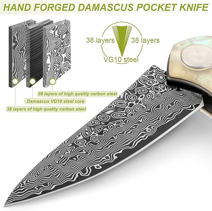 Benkey Damascus Pocket Knife, Extremely Sharp VG10 Core Damascus Steel Folding Knives with Clip and Leather Sheath, Unique Abalone Seashells Handle, Ball Bearing, Liner Lock, Knife for EDC Men Women