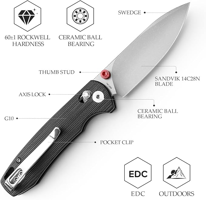 EDC Folding Pocket knife with Clip for Men,Thumb Studs Crossbar Lock Knives with 2.99" 14C28N Steel Blade, G10 Handle for Camping Hiking,Dragonfly-B