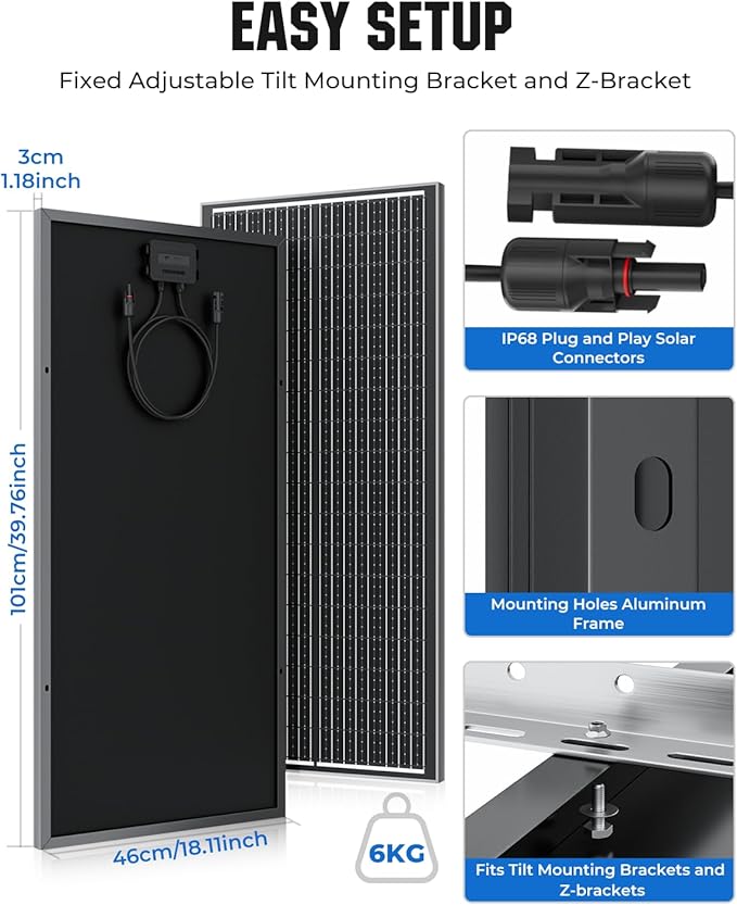 18BB 100 Watt Solar Panel, N-Type 12V 100W Solar Panel, 25% High Efficiency Monocrystalline PV Modules for RV, Marine, Rooftop, Farm, Trailer, Home Off-Grid System