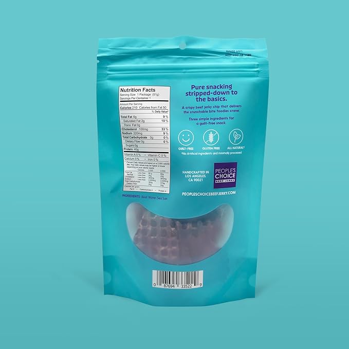 People's Choice Beef Jerky - Jerky Crisps - Naked - Three Ingredients - Beef, Water, Sea Salt - Sugar Free, Zero Carb, Gluten Free, Keto Friendly, Carnivore Diet, 40g Protein per Package - Thin, Crispy, Crunchy - 1.8 OZ (4 Pack)