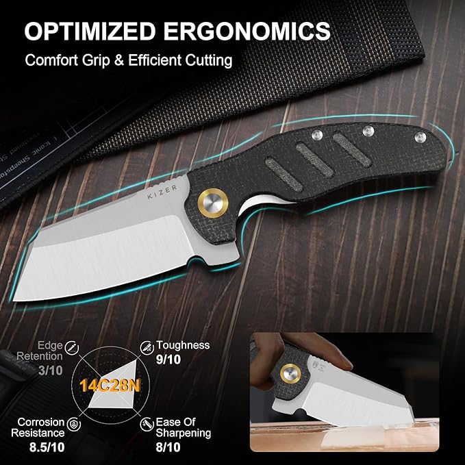 Kizer C01C XL Sheepdog Pocket Knife, 3.9" 14C28N Sheepsfoot Blade EDC Folding Knife with Black Burlap Norplex UltreX??Micarta Handle, Liner Lock, Flipper, Camping Knives for Men Women, V5488M2