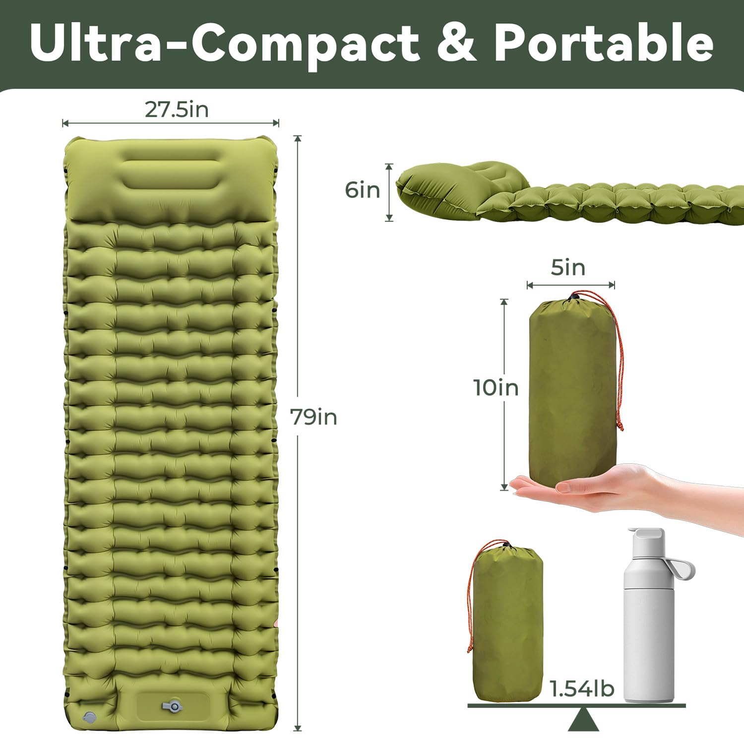 RusChic Sleeping Pad for Camping, Built-in Foot Pump with Pillow