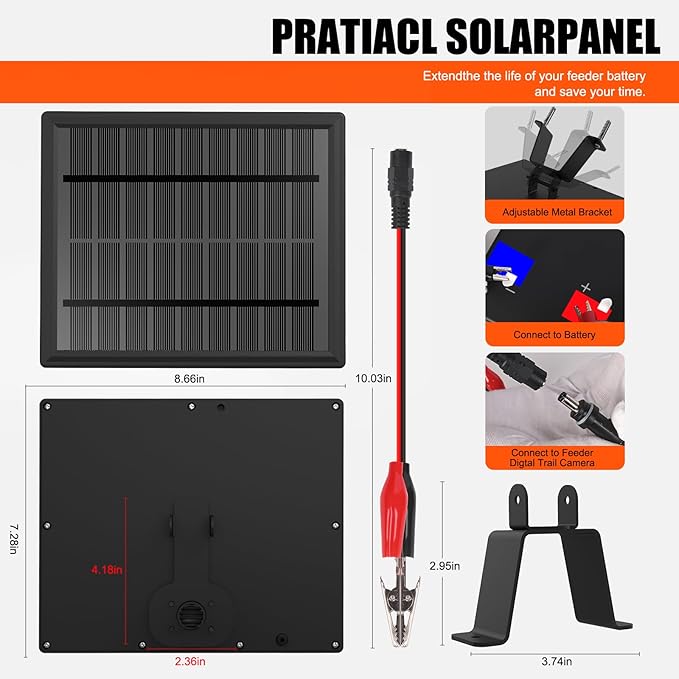 6V Solar Panel for Deer Feeders 4.5W High-Efficiency ??Solar Charger & Battery Maintainer with Bracket, Alligator Clips & DC Connectors for Trail Cameras Hunting Feeders & 6V Rechargeable Batteries