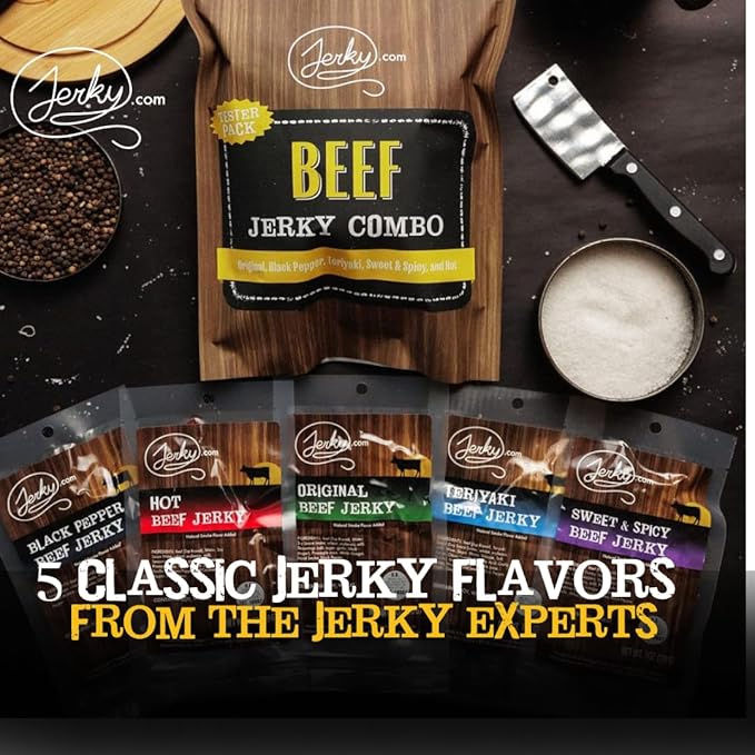Jerky.com Beef Jerky Sampler Pack – 5 Flavors (Original, Black Pepper, Teriyaki, Sweet & Spicy, Hot) – Premium Meat Snack, No MSG, High-Protein Gift for Men (5 Flavors - 1 oz. bags)