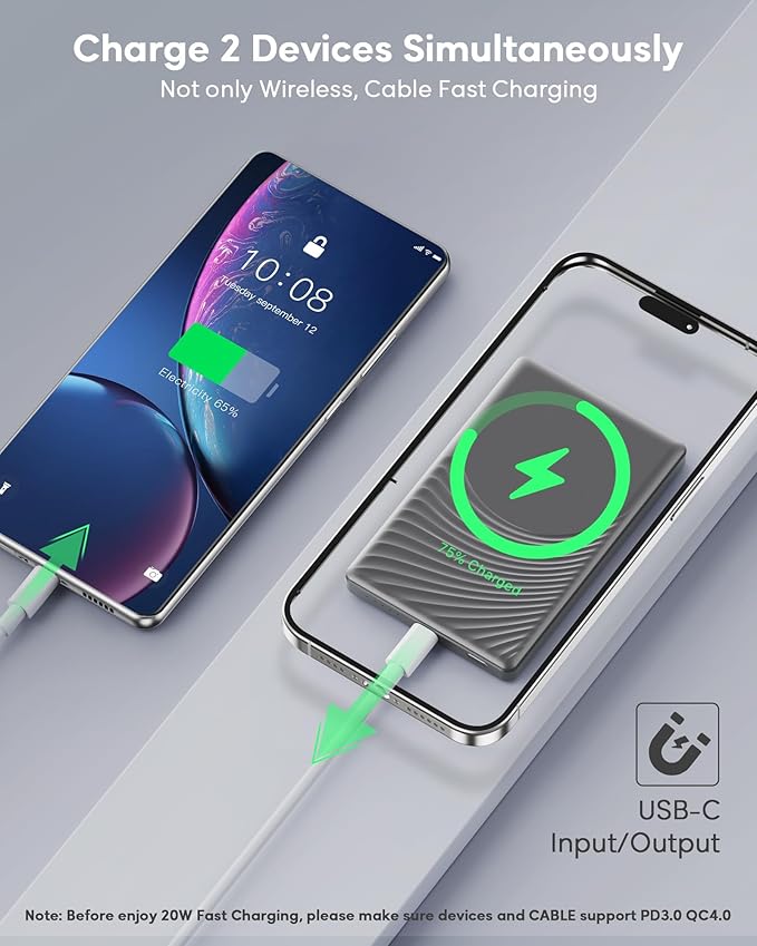 for Magsafe Portable Charger iPhone,2025 Ultra Slim Wireless Battery Pack 5000mAh, 20W PD Magnetic Power Bank Fast Charging USB C in&Out Powerbank for i-Phone 17/16/15/14/13/12 Mini Plus Pro Max