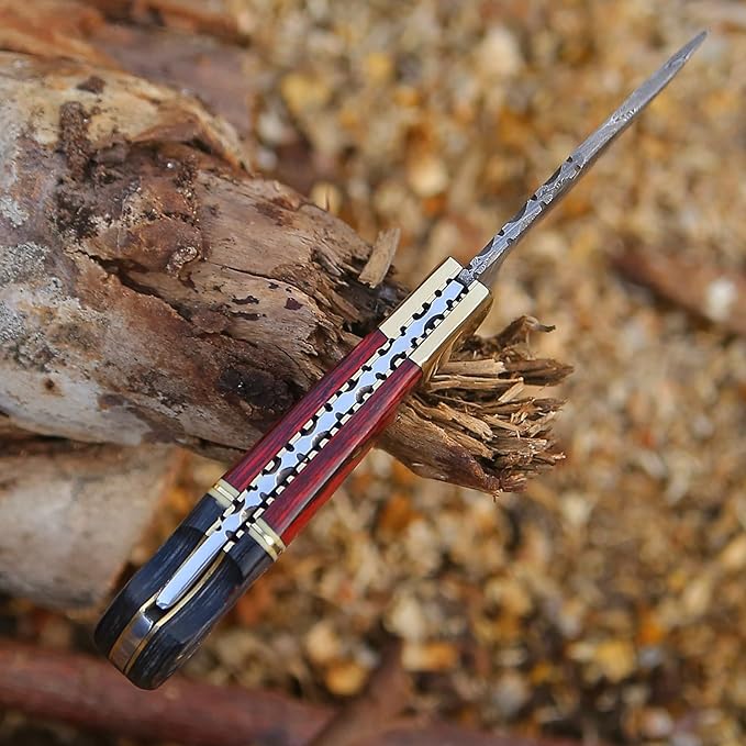 6.5 inch Damascus Pocket Knife with Sheath, Handmade Folding Pocket Knife for Men, Black-Red Wooden Handle with Brass Bolster, Secure Lock Back Camping Knife for EDC,Hunting,Hiking (Red)