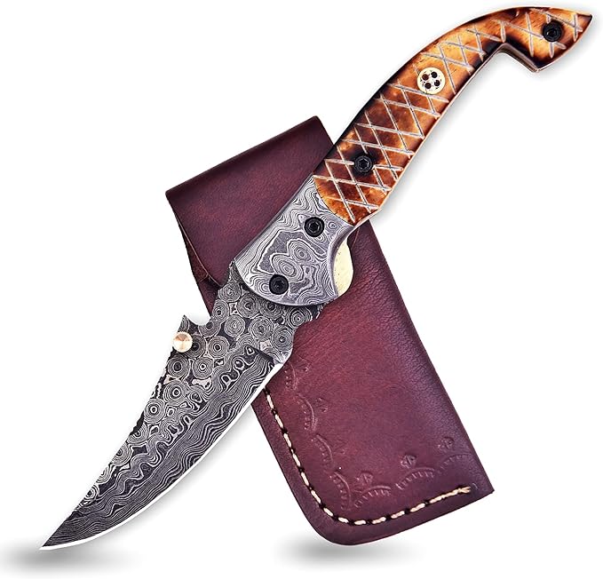 Handmade Damascus Folding Knife for Men with Burn Bone, 7.5 inch Pocket Knife with Sheath,Tactical Camping Knife with Liner Lock for Outdoor, Survival, Hunting, Fishing,