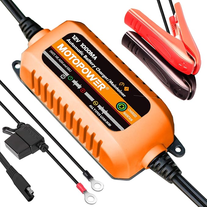 MOTOPOWER 12V 1000mA Automatic Charger - Battery Maintenance - Maintain Charger and Battery Desulfator with Timer Protection.