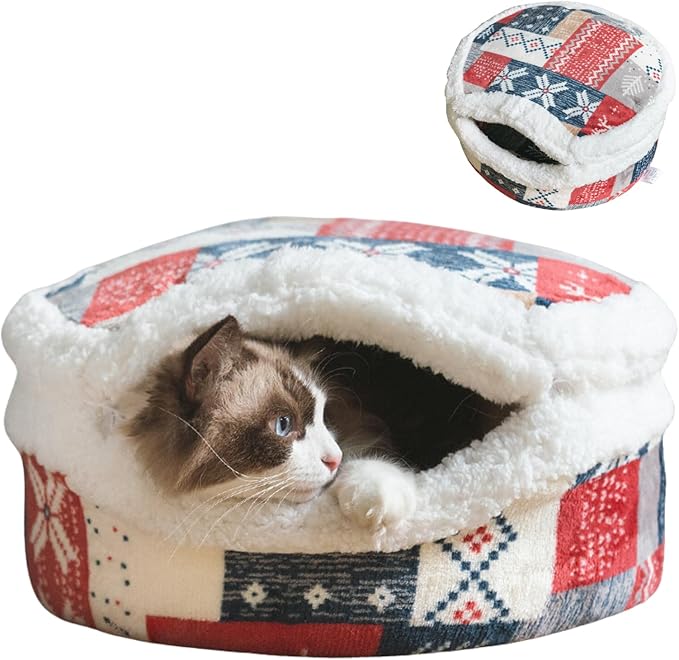 Cat Cave Bed ??Plush, Warm & Calming Hideaway with Detachable Lid & Mat, Covered House for Indoor Kitten & Kitty (Snow)