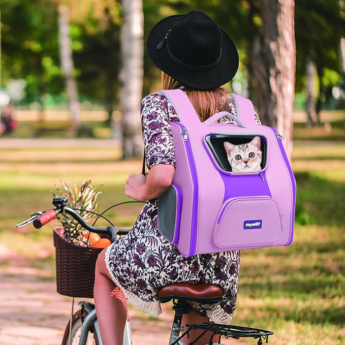 Cat Backpack, Comfortable Dog Backpack for Travel Hiking and Camping, Breathable Pet Backpack, Airline Approved Cat Travel Bag(Purple)