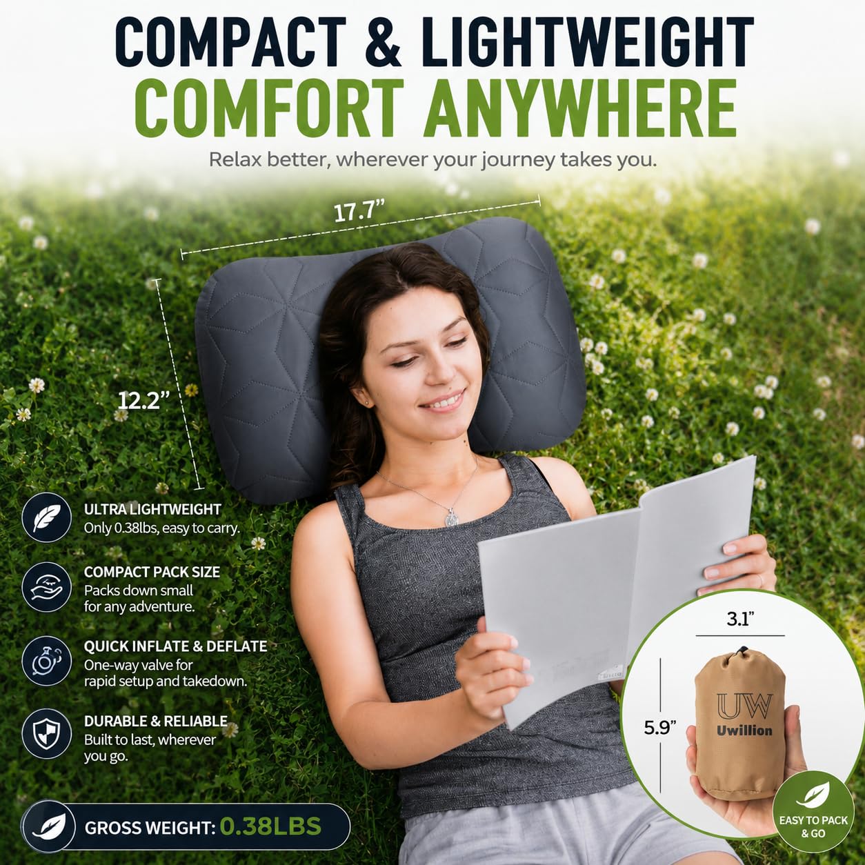 UWILLION Inflatable Camping Pillow with Removable Washable Cover, Ultralight Compact Air Pillow for