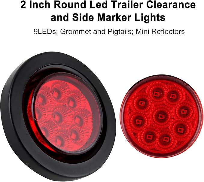 10Pcs 2 Inch Round Red LED Marker Lights 9 LED w/Reflectors, Multi Faceted 2 Inch Led Side Marker Clearance Lights Trailer Marker Lights Flush Mount w/Grommets and 2 Prong Pigtails