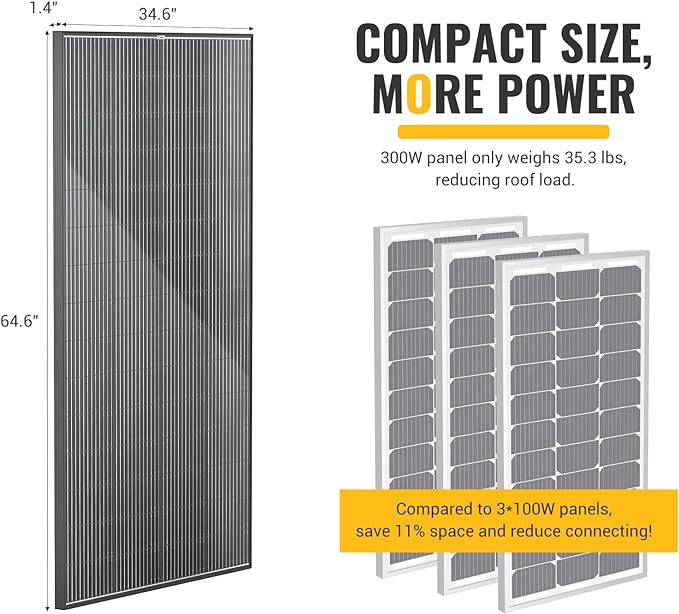 BougeRV Bifacial 300 Watts 12BB Mono Solar Panel, 23% High-Efficiency All Black Design Mono Technology Work with 12 Volts Charger for RV Camping Home Boat Marine Off-Grid, 64.6 x 34.6 x 1.4 in (1PCS)