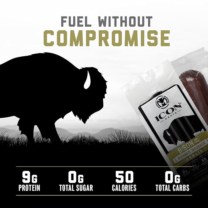 ICON Meats Summer Sausage - Bison and Pork Garlic Flavor - 4 Pack of Individually Wrapped Meat Sausages, USDA Approved, All Natural, Diet Friendly, High Protein, Low Calorie