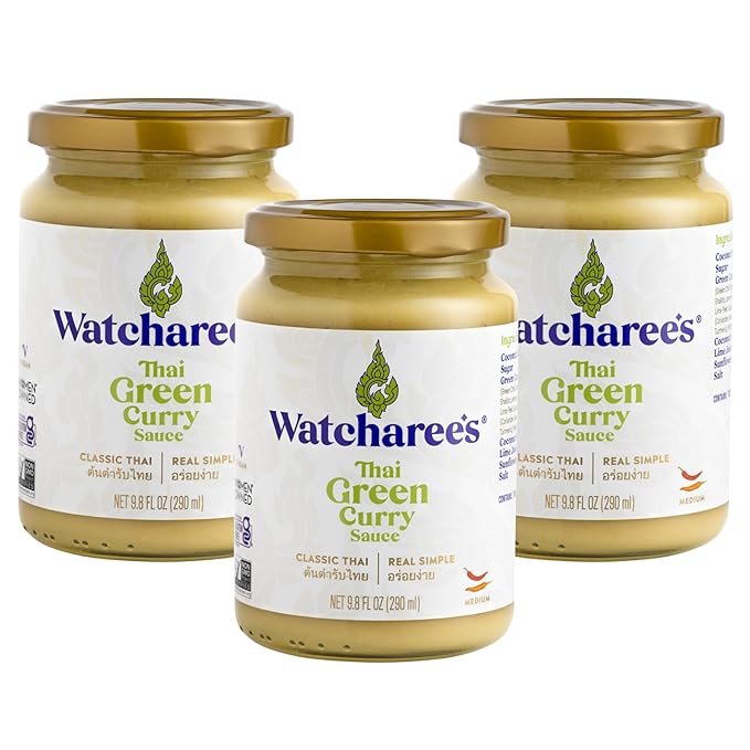 Watcharee's Thai Curry Simmer Sauces - Green Curry | Authentic Thai Recipe, Vegan, Non-GMO, Gluten-Free - 3 Pack (9.8 fl oz Each)