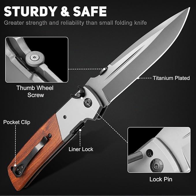 NedFoss DA52 Pocket Knife for Men, 5'' Large Folding Knife, 11'' Survival Knife with Rosewood Handle, Safety Pin, Pocket Clip, Liner Lock