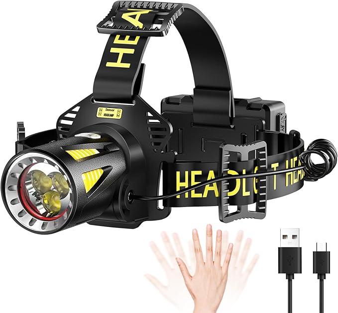 MAXME100® Triple-Beam High-Power Rechargeable Headlamp 5700K with Motion Sensor, Rechargeable LED Head Light, Waterproof Headlamp for Camping, Hiking, Hunting