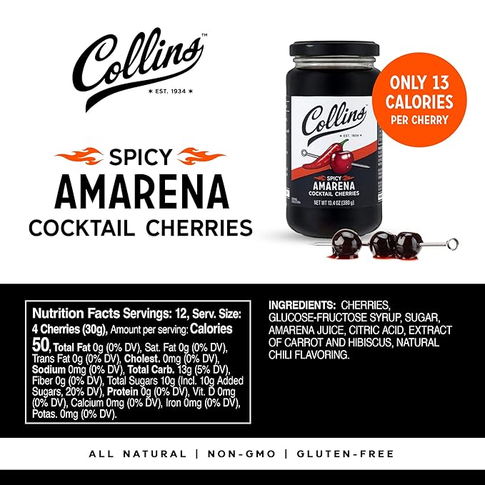 Collins Spicy Amarena Cherries in Syrup, Black Cherries for Old Fashioned or Manhattan, Cocktail Cherries, Garnish for Cocktails or Desserts,13.4oz