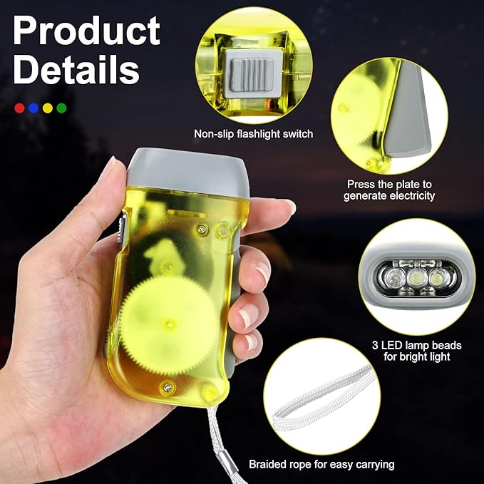 48 Pcs Hand Crank Flashlight No Battery Required Torch Light Manual Press Flashlight 3 LED Squeeze Torch Light for Shoeboxes Camping Hiking(Yellow, Green, Blue, Red)