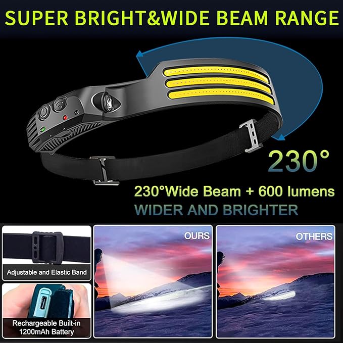 10Pack LED Headlamp Rechargeable with 3 Led Strip, 230° Wide Beam Head Lamp for Forehead, 6Mode Hard Hat Light for Adults, Flashlight for Work, Hiking, Running, Camping Essentials Gear